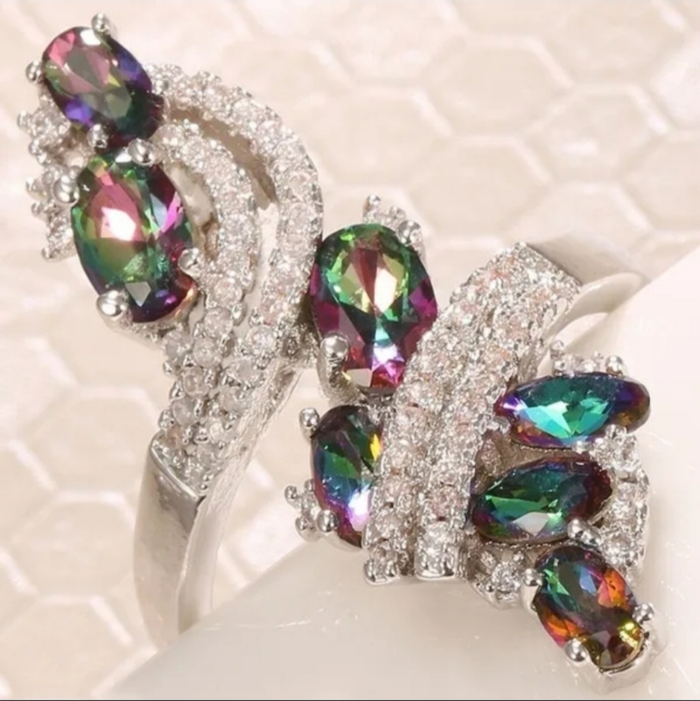 Elegant Silvery Multi-Color Gemstone Ring Sz 8